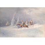 1867 watercolour painting of soldiers on horseback in the snow with CH monogram in a later fancy