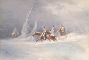 1867 watercolour painting of soldiers on horseback in the snow with CH monogram in a later fancy