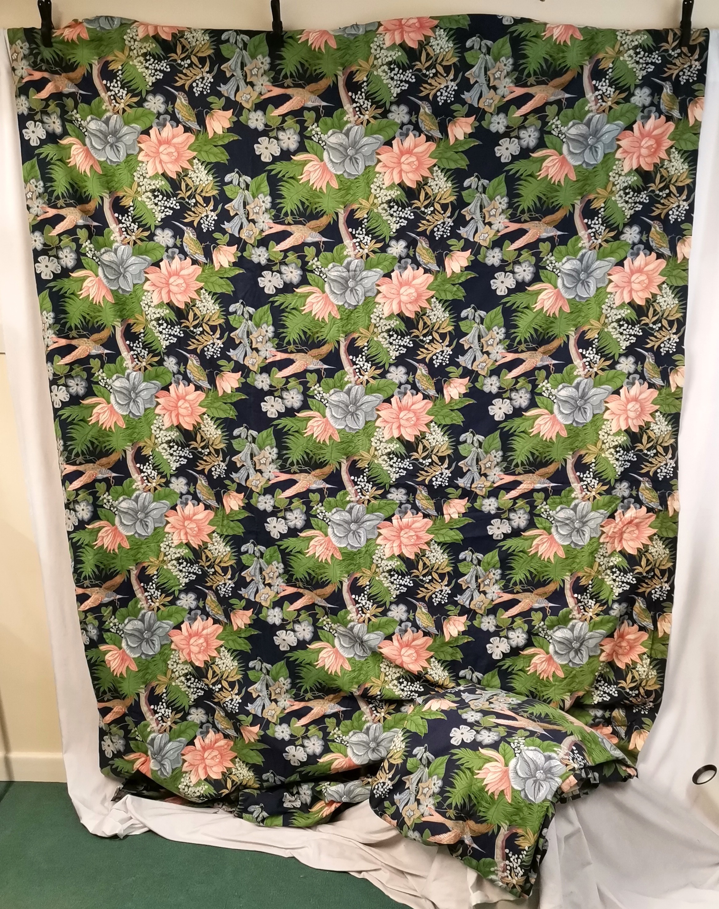 Pair of vintage curtains, blue ground with botanical birds and foliage, each curtain 185cm wide x