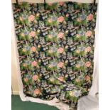 Pair of vintage curtains, blue ground with botanical birds and foliage, each curtain 185cm wide x