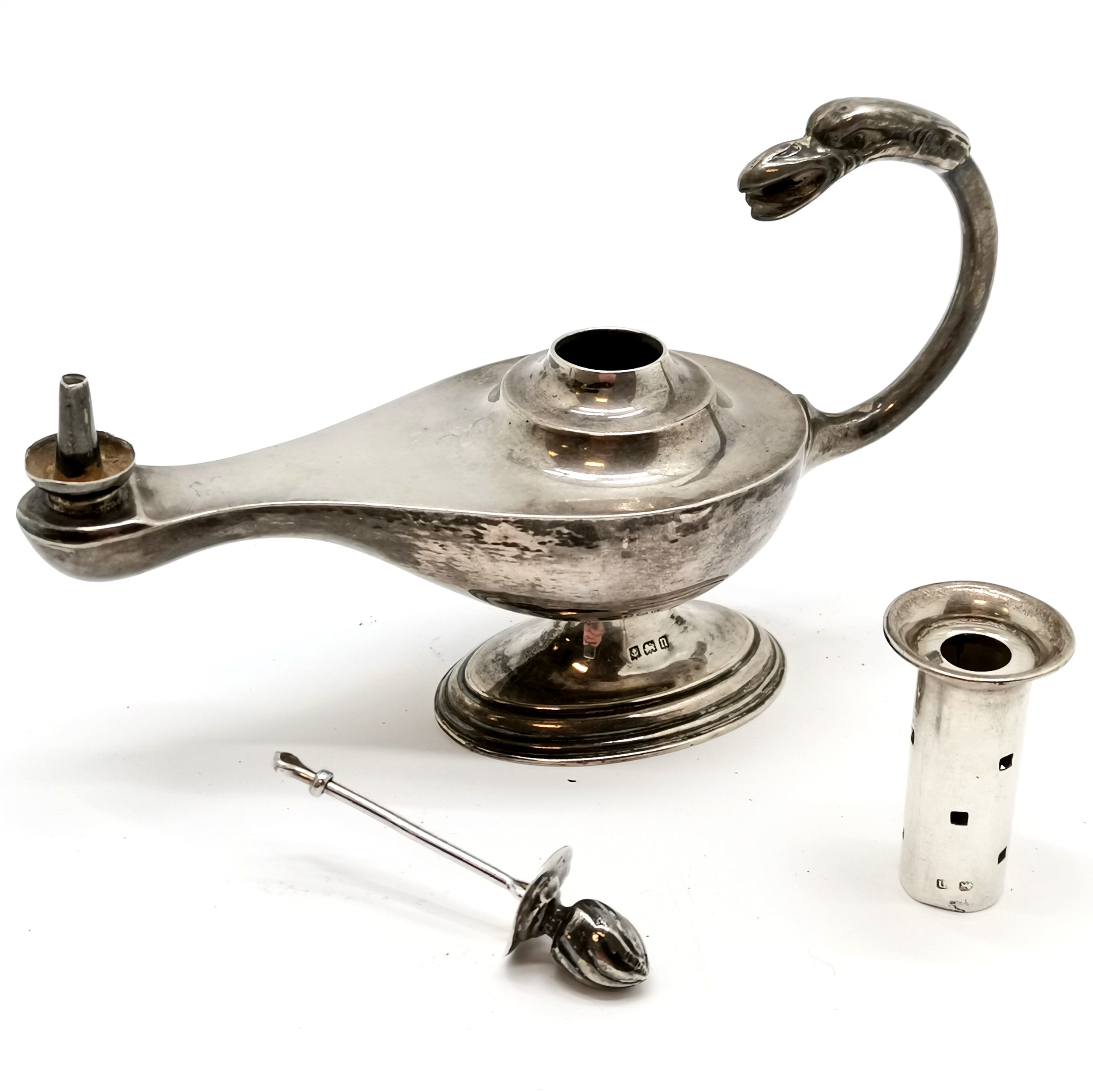 1912 silver genie lamp design table lighter with later silver stopper - 9cm high x 14.5cm long & 79g - Image 2 of 5