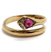 9ct hallmarked gold ruby / diamond set snake ring - size P & 2.4g total weight
