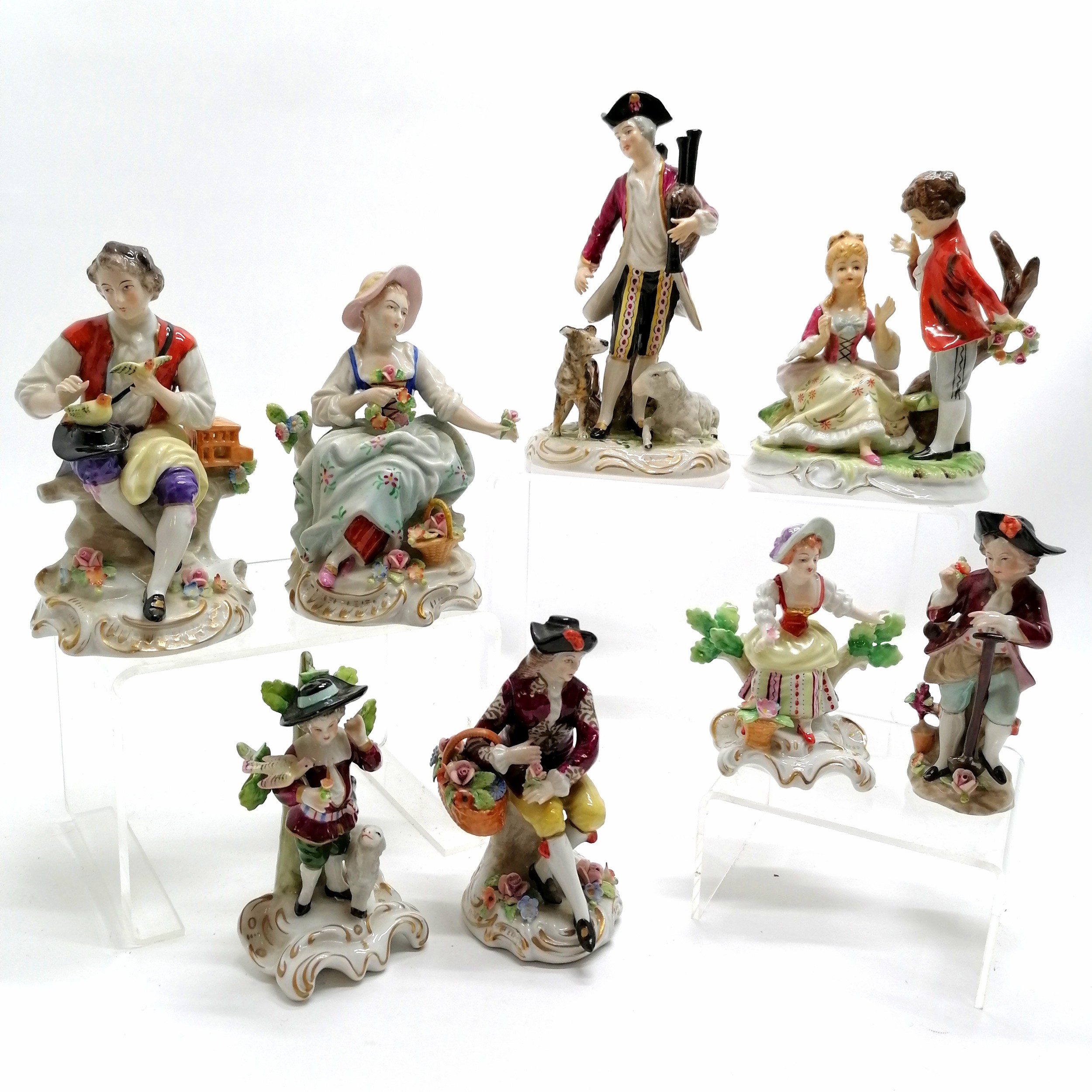 8 x continental porcelain figures inc Sitzendorf - tallest 17cm high ~ 2 small boy figures slight