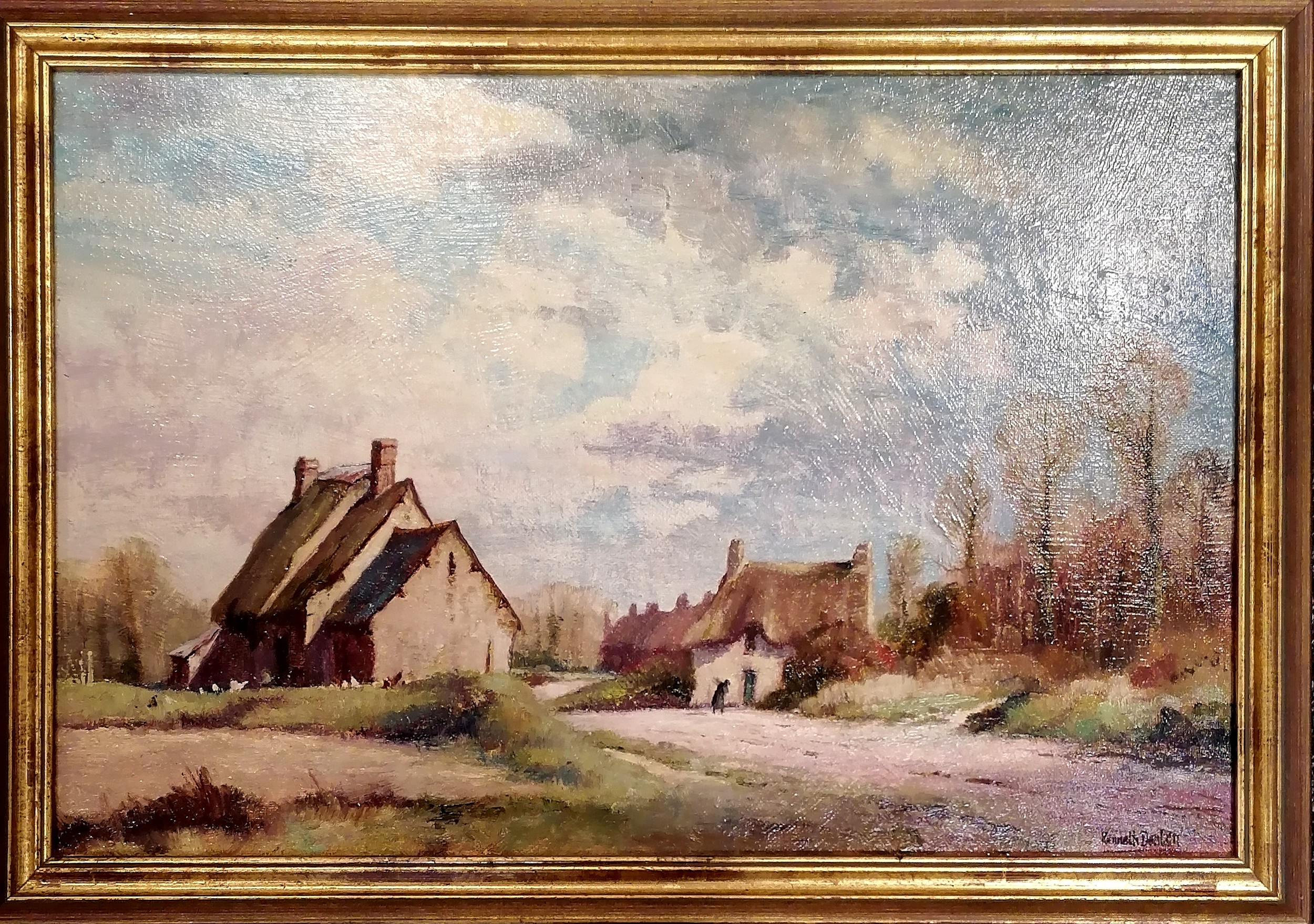 Kenneth Denton (b.1932) oil on panel painting of a village scene - frame 47cm x 67cm