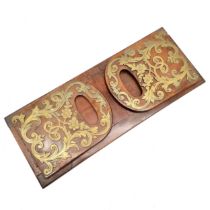 Antique walnut & brass mounted book slide - closed 37cm x 15cm ~ has old repairs and losses to 1 end