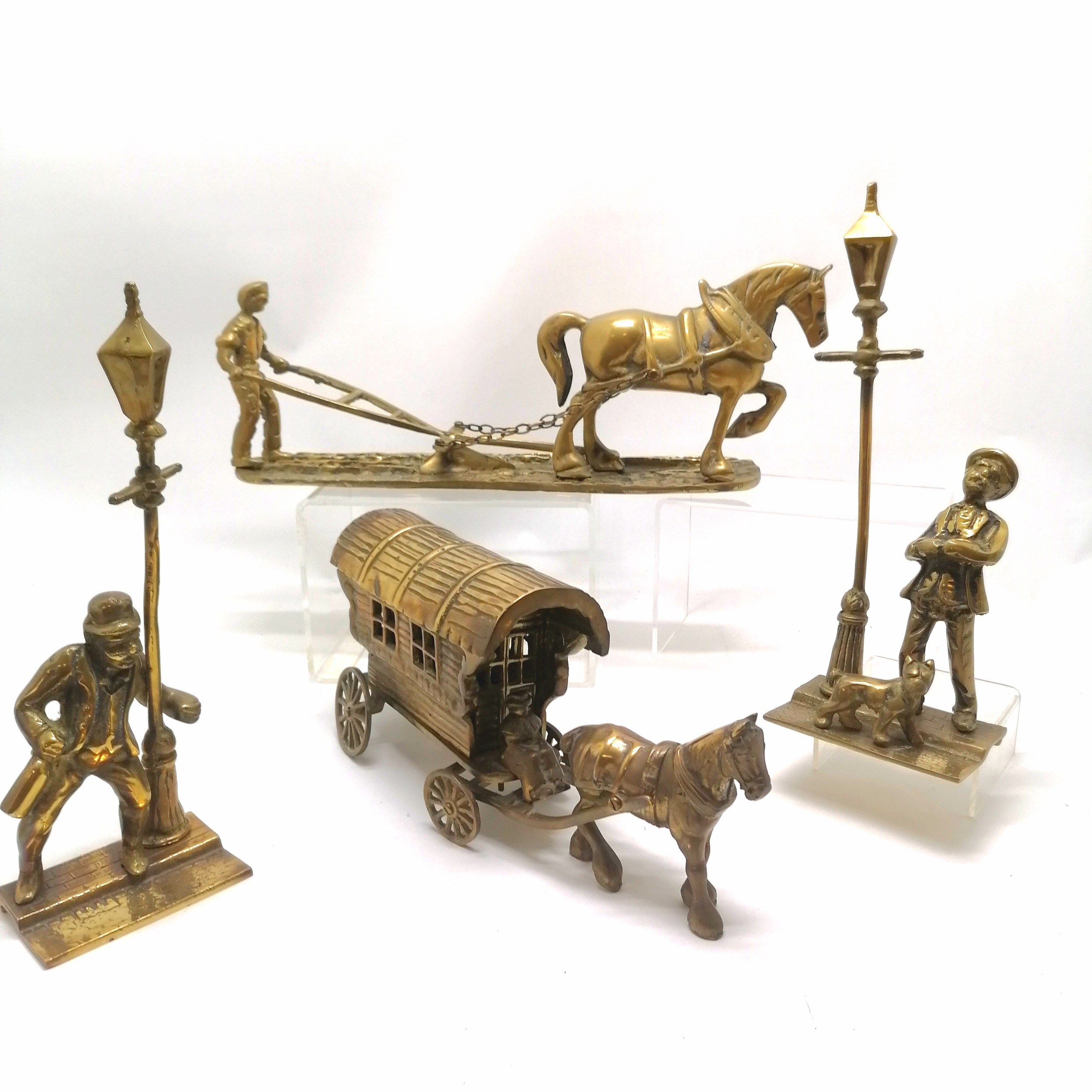 Brass large brass shire horse ploughing a field 47cm long, horse and carriage 37cm long T/W a pair