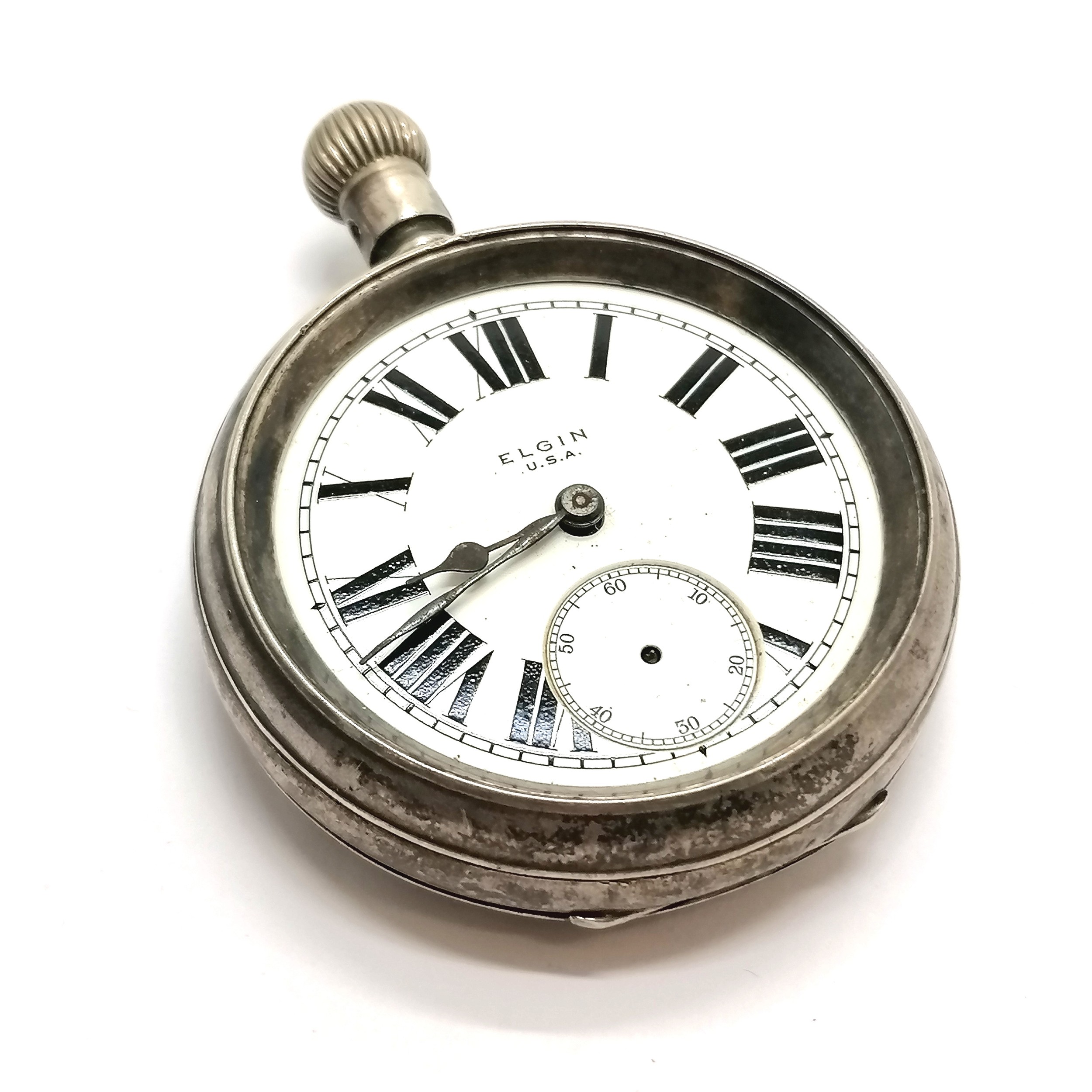 Antique Elgin silver cased large pocket watch - 5.4cm diameter & 154g total weight ~ lacks glass,