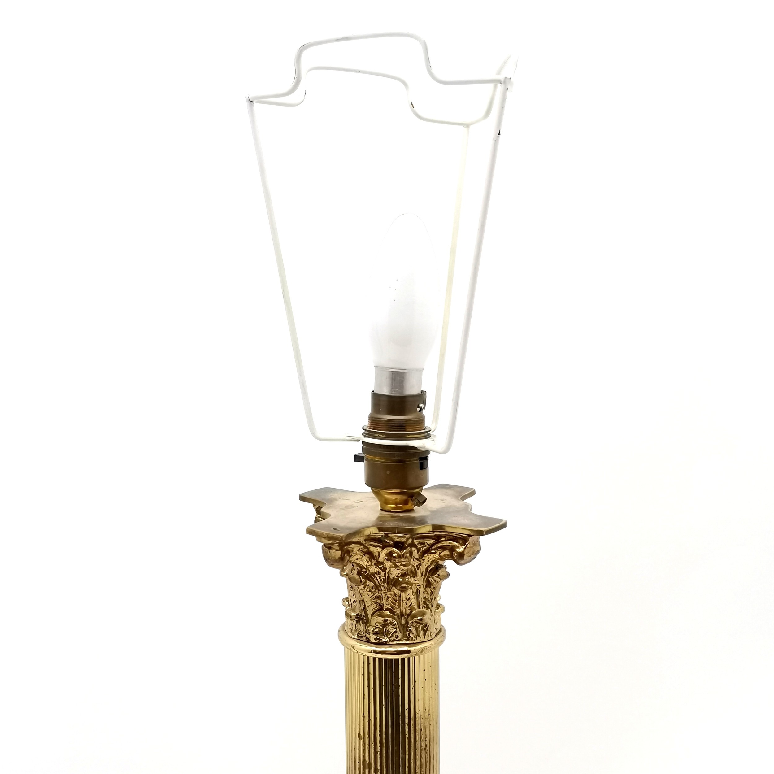 Tall pair of brass corinthian column lamps with pair of shot silk gold coloured shades - 74cm - Image 3 of 4