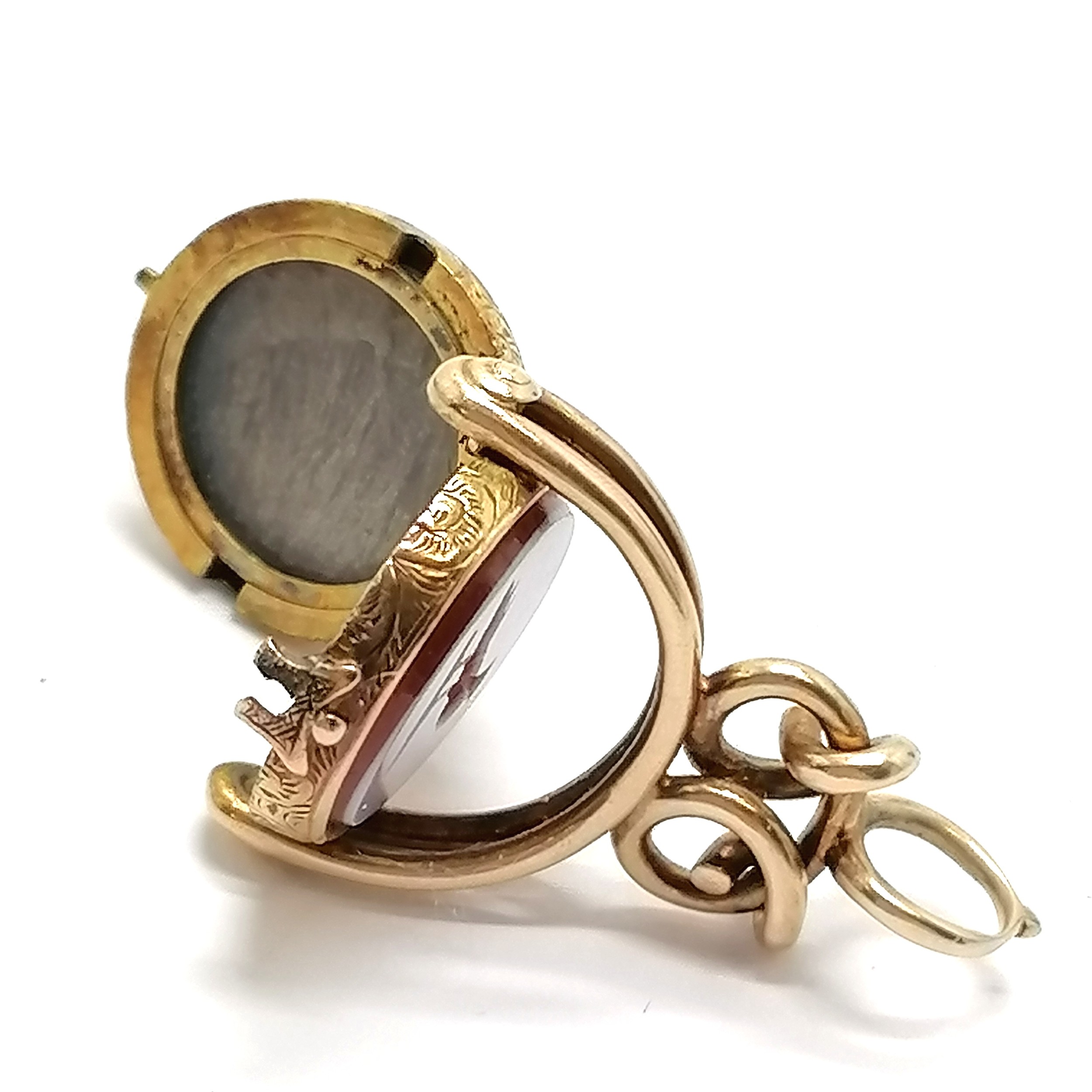 Unmarked antique gold (touch tests as higher carat) RARE swivel fob locket with sardonyx and - Image 2 of 5