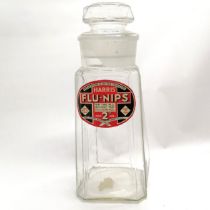 Harris' Flu-nips large glass sweets jar with original bung - 37cm high & small chip to rim otherwise