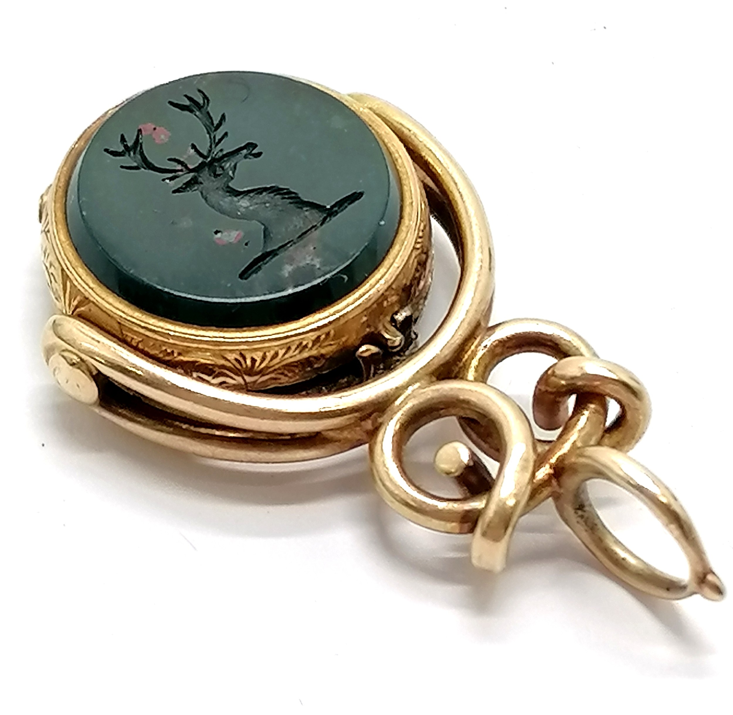 Unmarked antique gold (touch tests as higher carat) RARE swivel fob locket with sardonyx and - Image 3 of 5