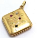 Antique unmarked (touch tests as 18ct) gold locket set with pearl / red & green stone - 3cm drop &