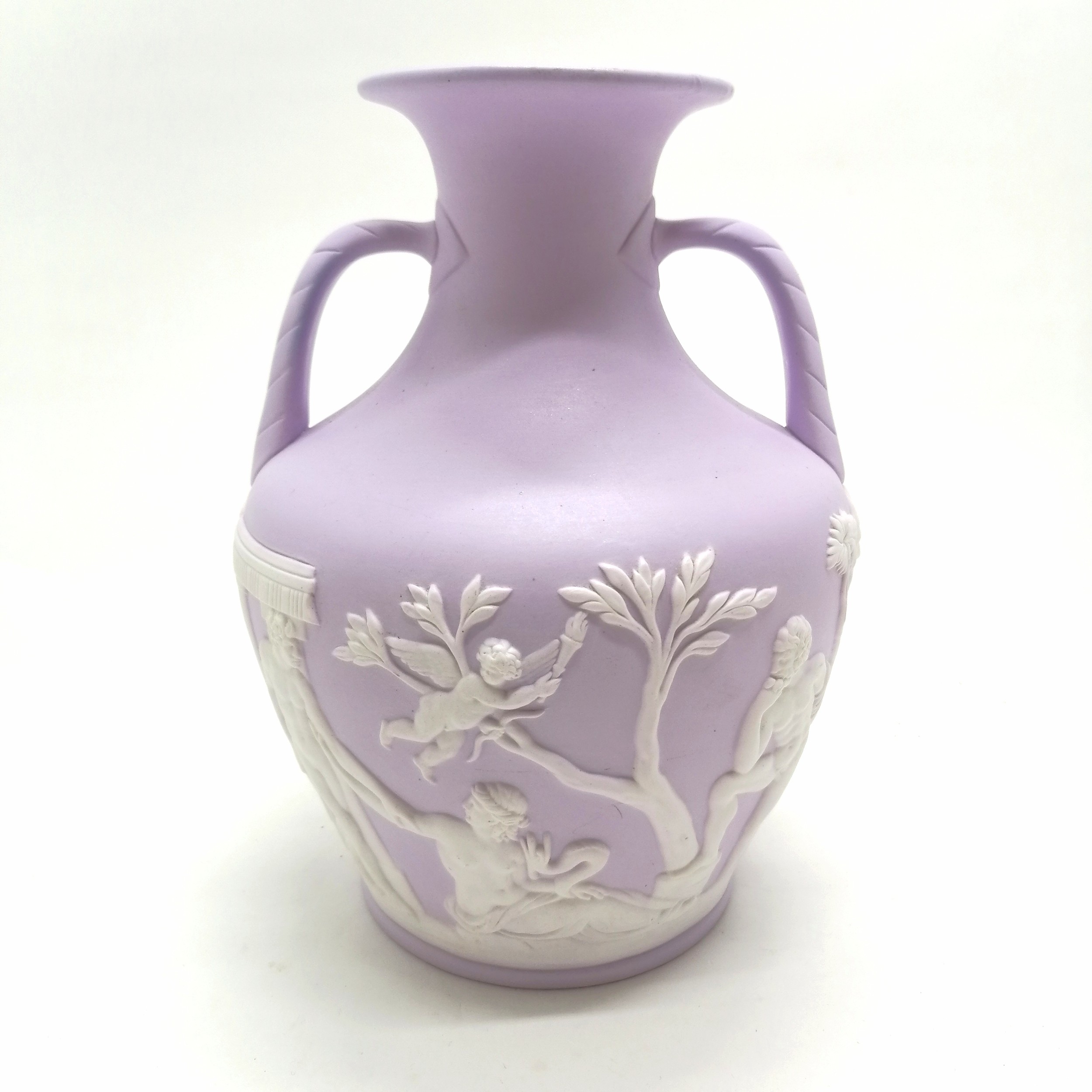 Wedgwood style Portland vase on pink / lilac ground - 25cm high ~ some restoration to top rim