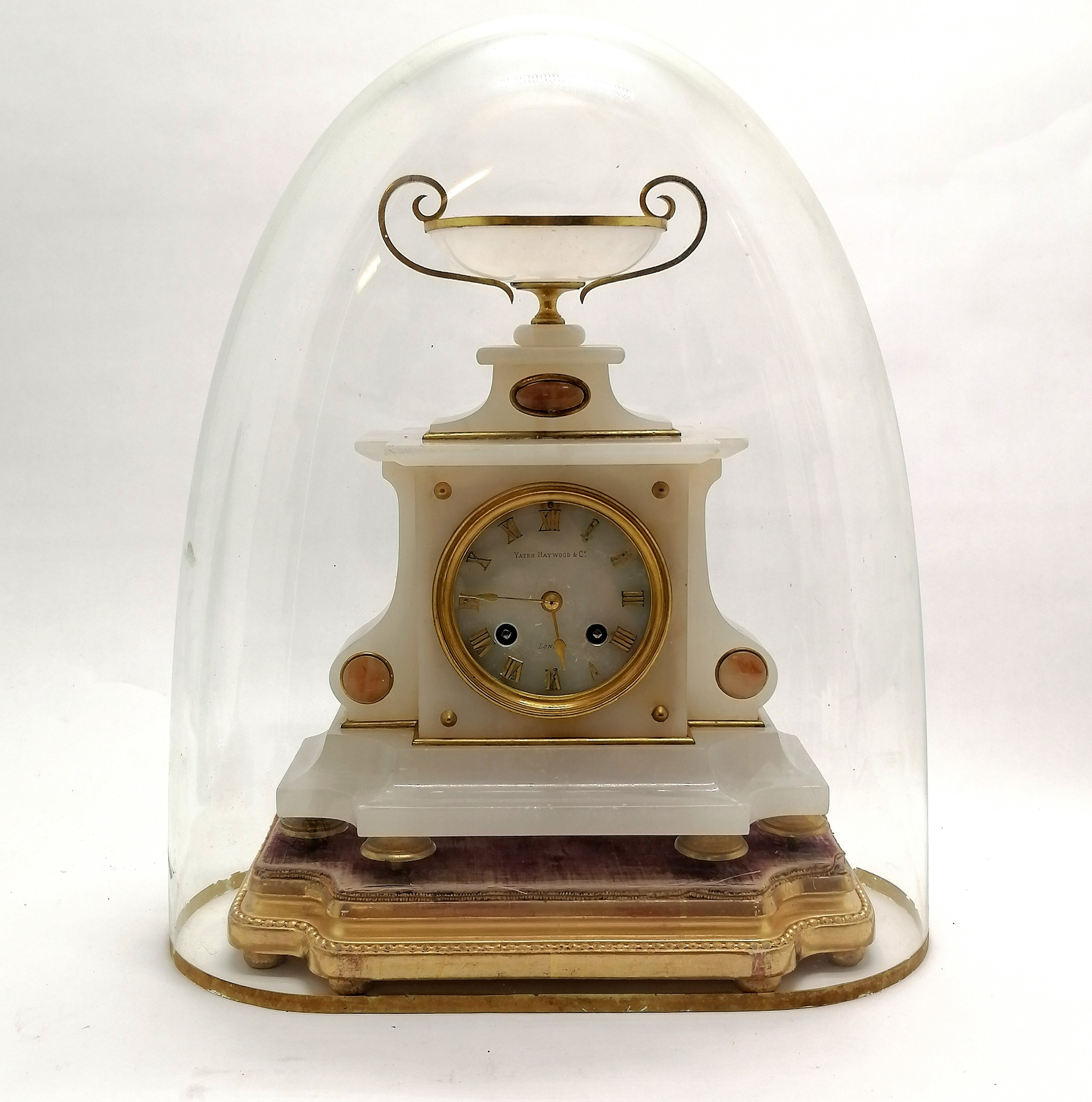 Antique Yates Haywood & Co (London) alabaster & gilt metal mounted bell strike clock under glass - Image 6 of 6