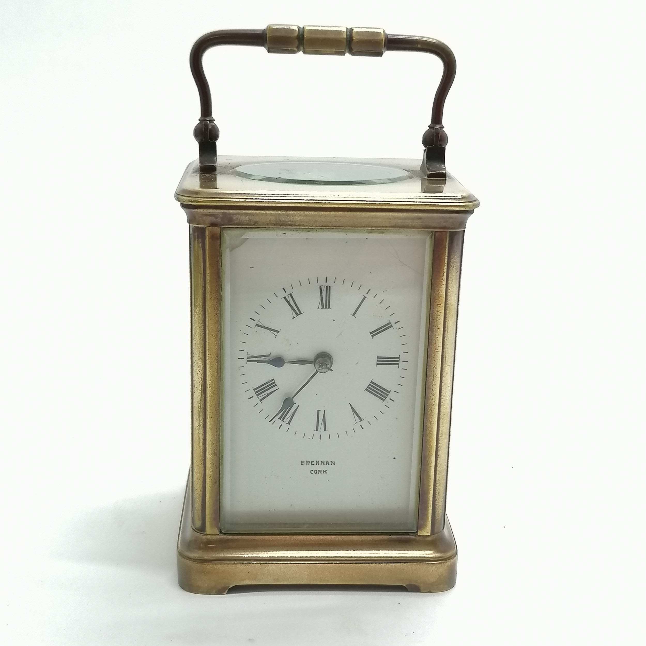 Antique brass carriage clock marked Brennan Cork to porcelain dial - 12cm high x 9cm x 8cm ~ has key - Image 4 of 6