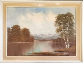 Oil painting on canvas of a lake / trees / mountains with label on reverse identifying artist as