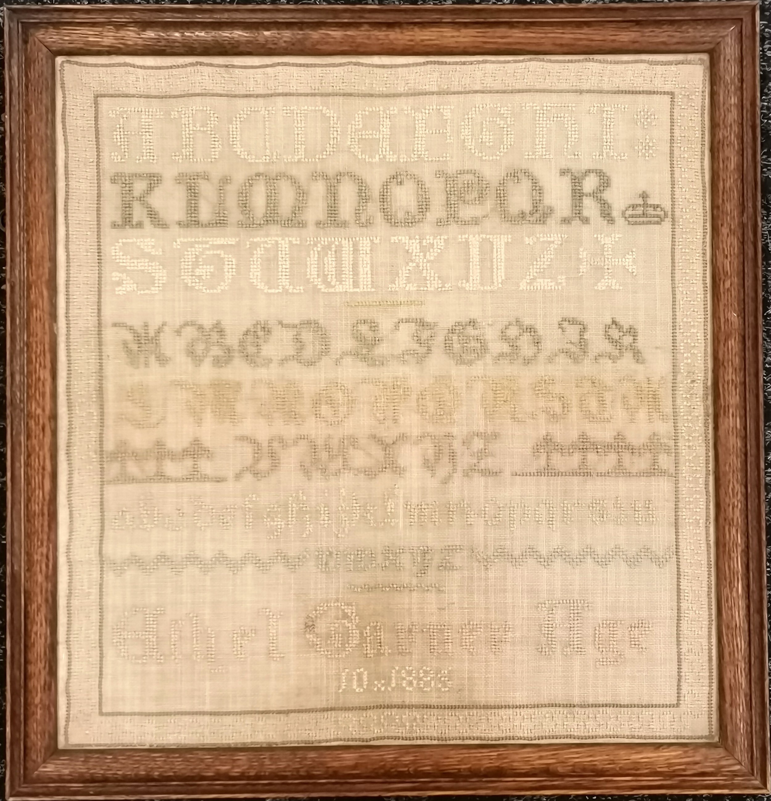 Antique oak framed alphabet sampler by Ethel Garner age 10 1885, 45cm wide x 48cm high, colours - Image 2 of 2