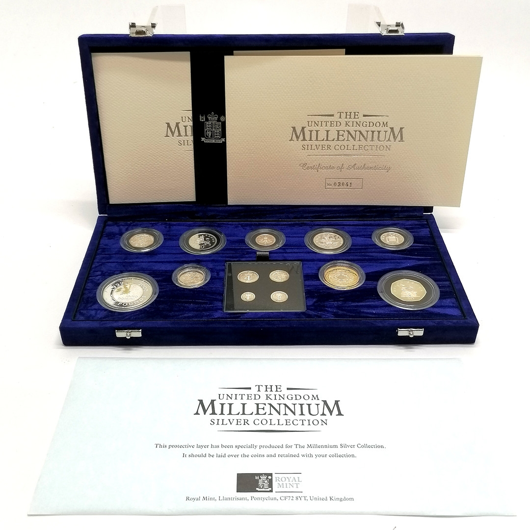 2000 UK Millennium Royal Mint cased set of silver proof coins inc Maundy set - 13 coins in total