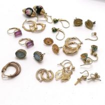 9 x pairs of 9ct gold earrings inc antique diamond set, amethyst, emerald etc - total weight (lot)