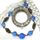 Unusual large scarf clip set with white paste (5cm diameter) t/w 2 bead necklaces & crystal bracelet