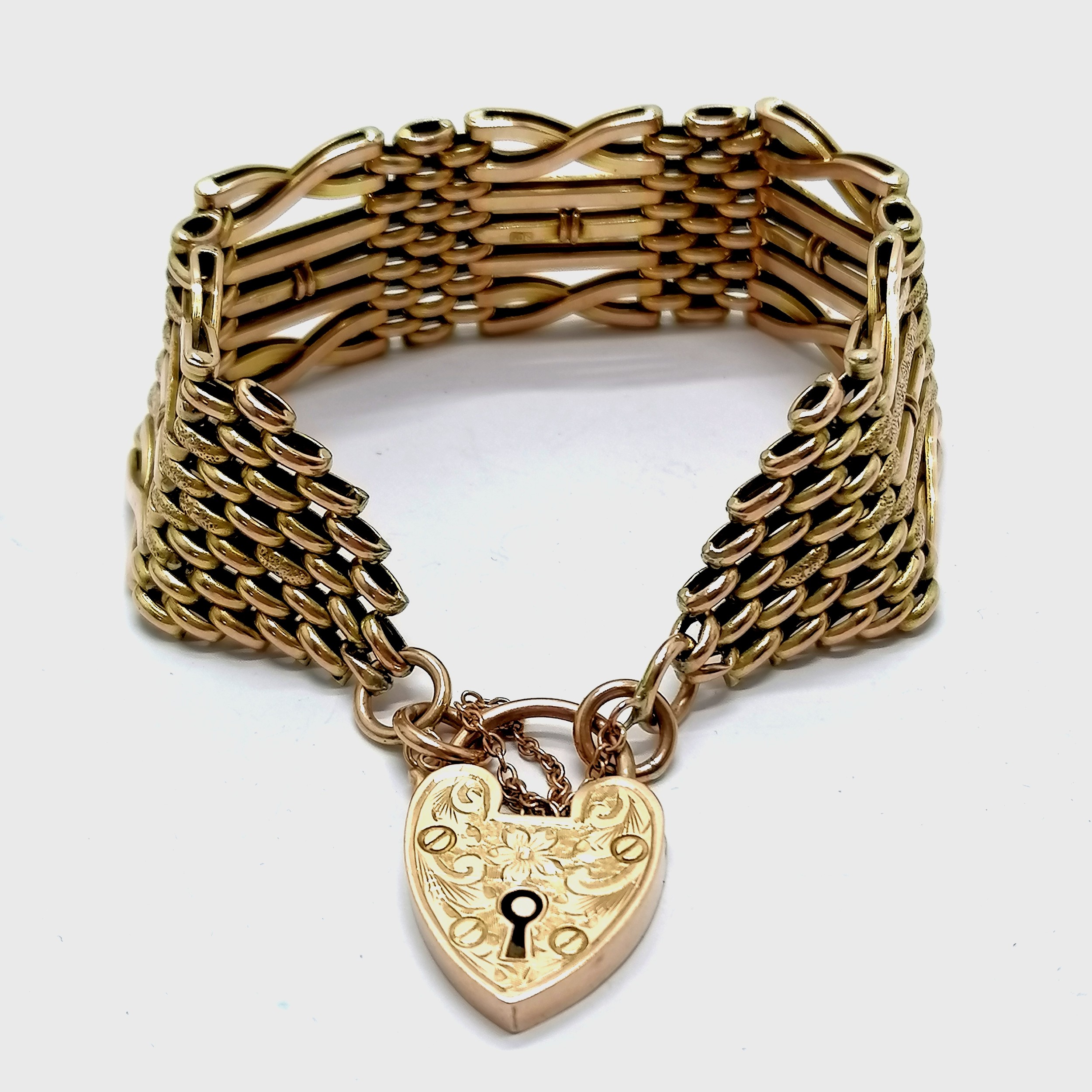 Antique 9ct hallmarked rose gold 7 bar gate link bracelet with fancy links & heart padlock clasp -