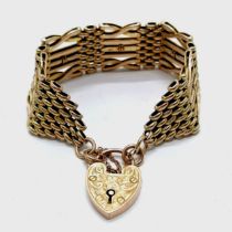 Antique 9ct hallmarked rose gold 7 bar gate link bracelet with fancy links & heart padlock clasp -