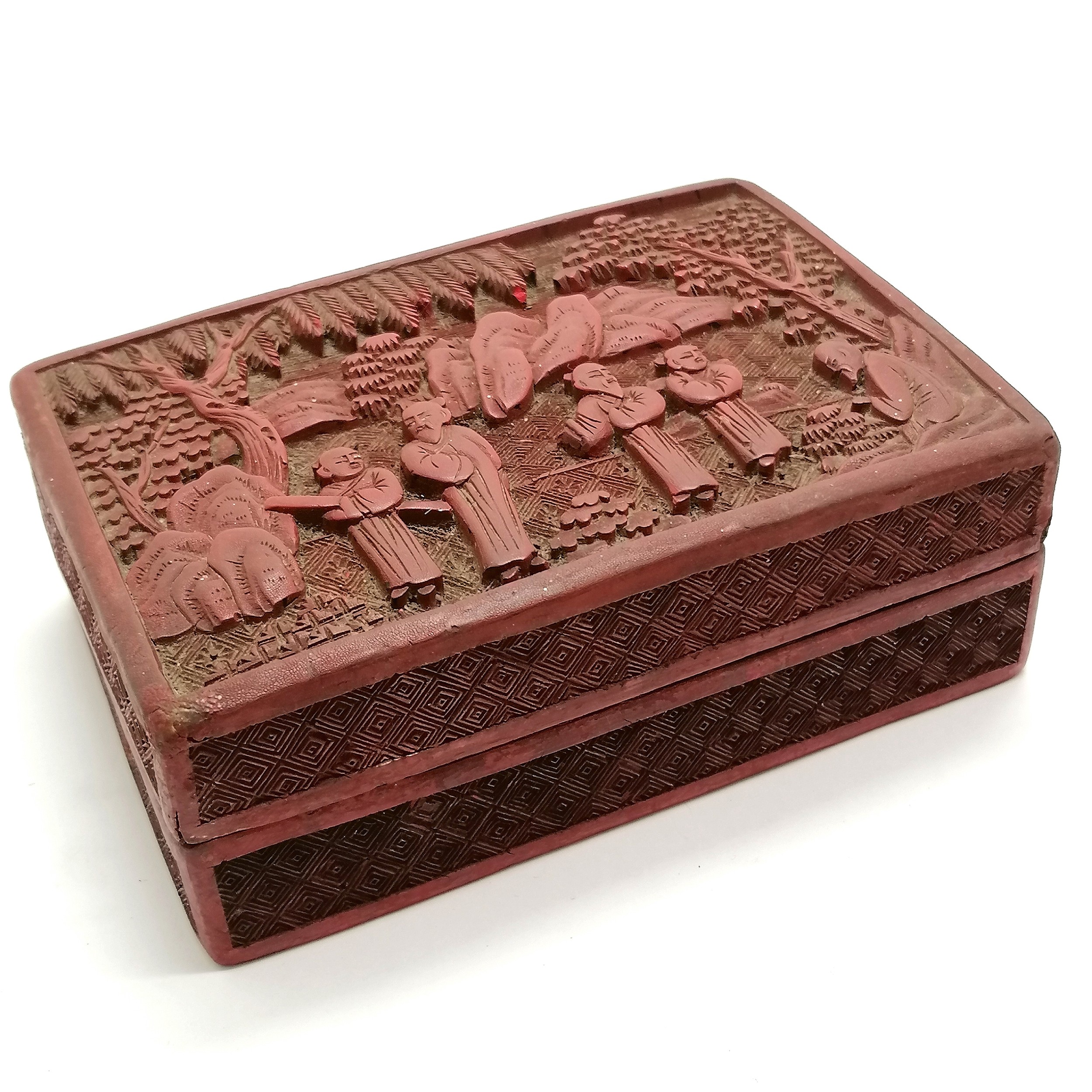 Chinese cinnabar red lacquer box with figural detail to lid - 14.5cm x 10cm x 5cm (slight losses &