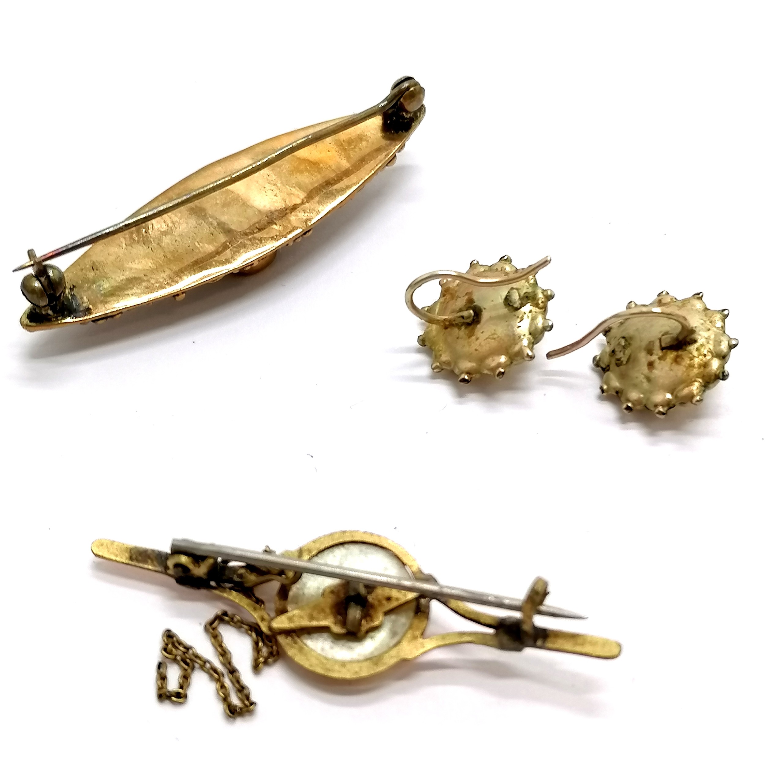 Pair of antique unmarked gold earrings (1.2g) t/w 2 gilt metal antique brooches - SOLD ON BEHALF - Image 2 of 2