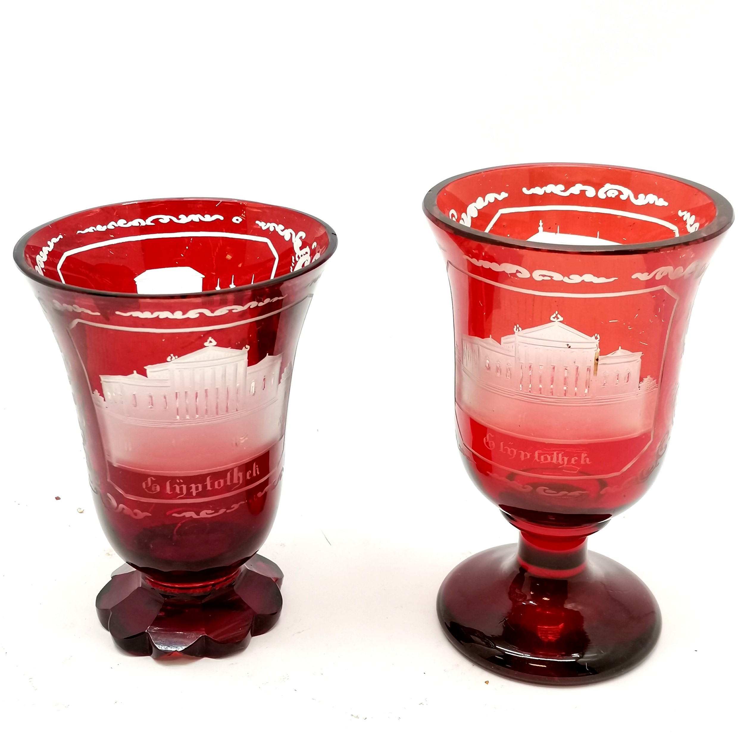 2 x antique ruby glass goblets with acid etched buildings pictured - tallest 13cm ~ both have - Image 2 of 6