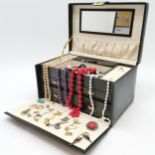 Black leather fitted jewellery box with contents inc 5 pairs of 9ct gold earrings inc dolphin (5.