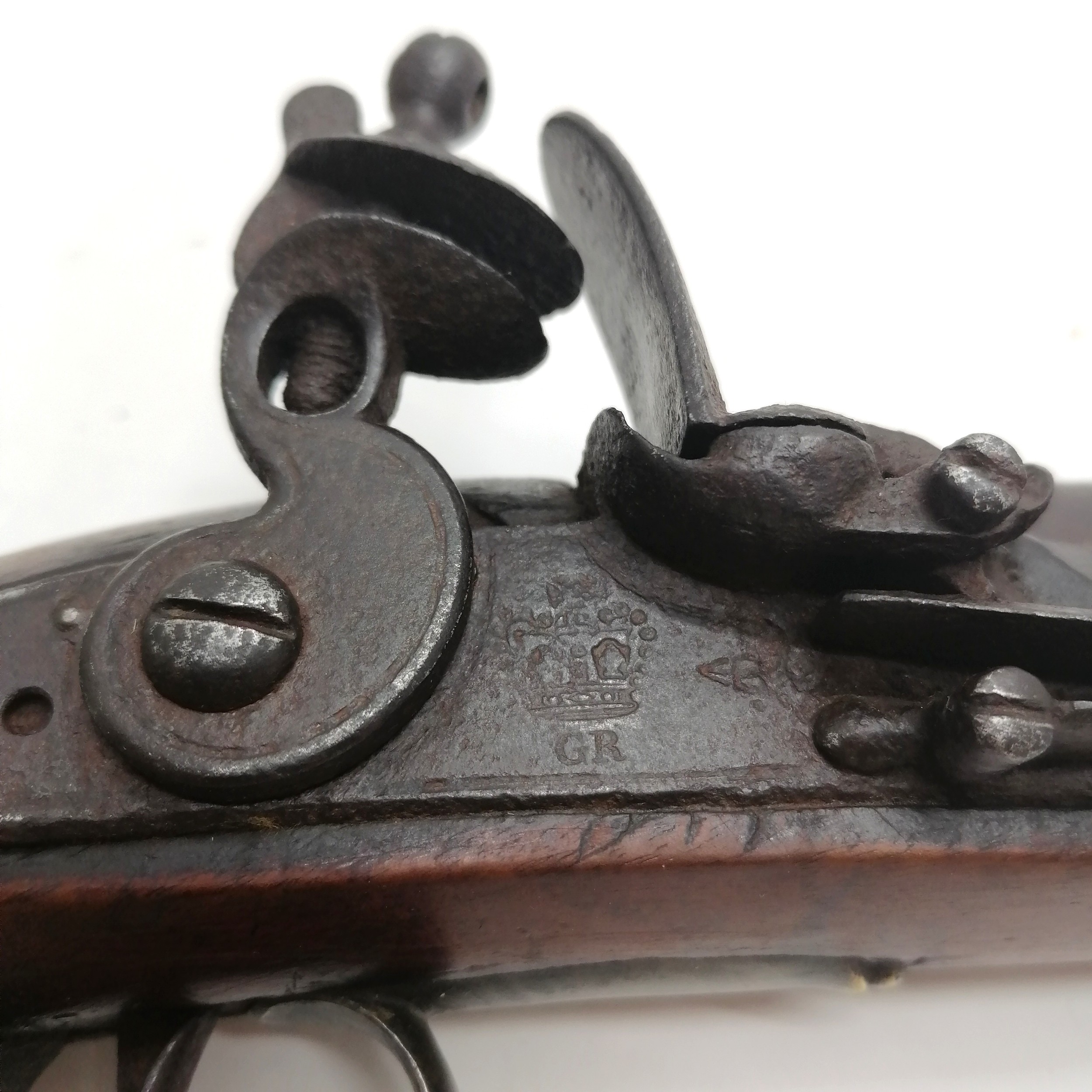 Antique c.1800 tower lock flintlock pistol with GR crown mark and has touchmarks to barrel & stamped - Image 10 of 11