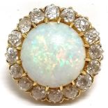 Antique unmarked gold opal & diamond (16) cluster brooch (adapts into pendant form) - 2cm across &