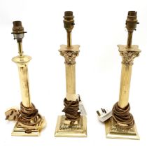 3 x brass table lamps comprising pair of corinthian columns (40cm high)