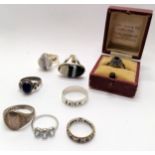 8 x silver rings inc Udo garnet set in retail box, agate, eternity ring, blue topaz etc - total