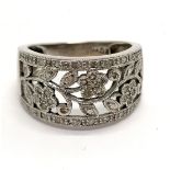 9ct hallmarked white gold diamond set pierced flower decorated ring - size N½ & 4.4g total weight