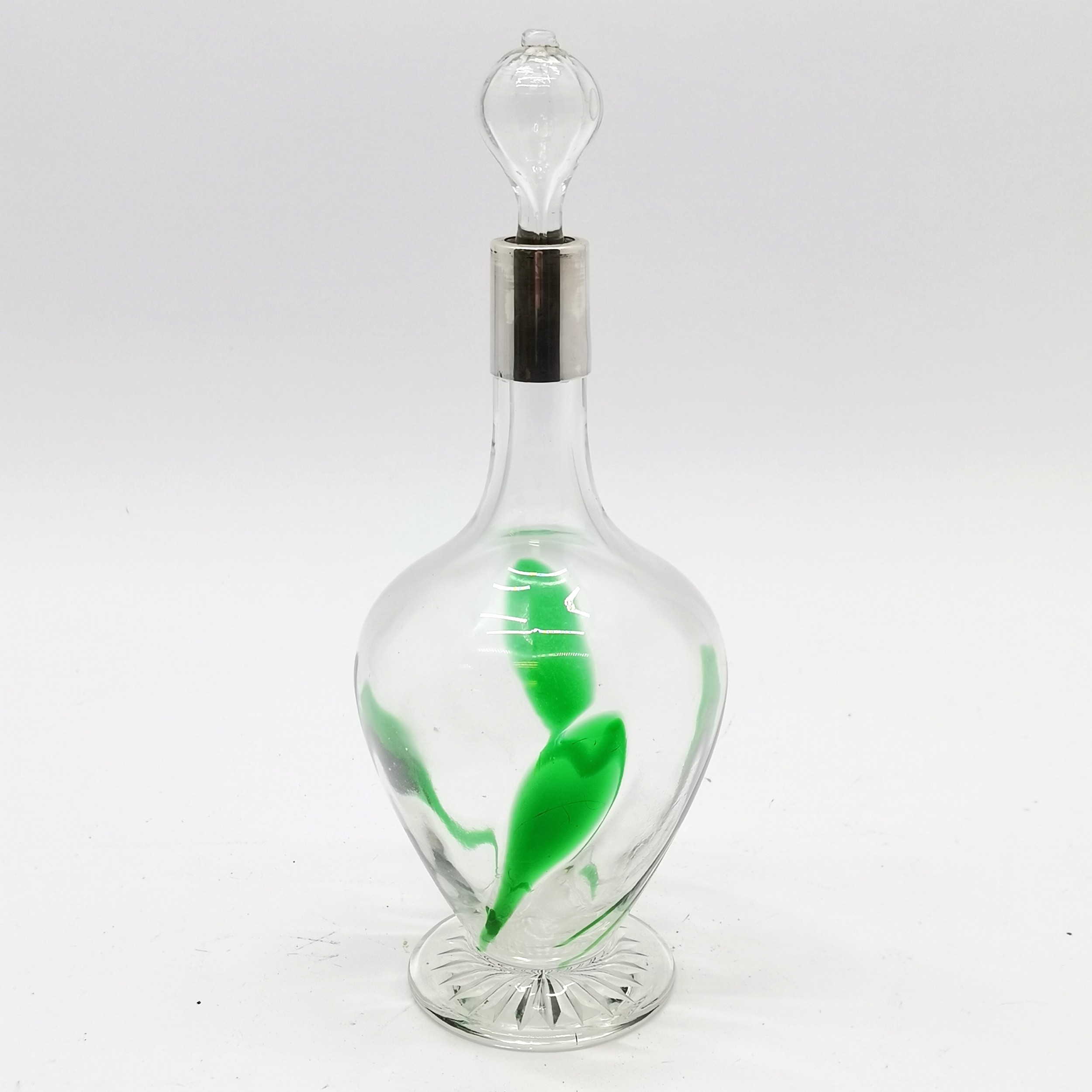 Sterling silver marked collar Art Nouveau glass decanter with green overlay swirl decoration, 30cm