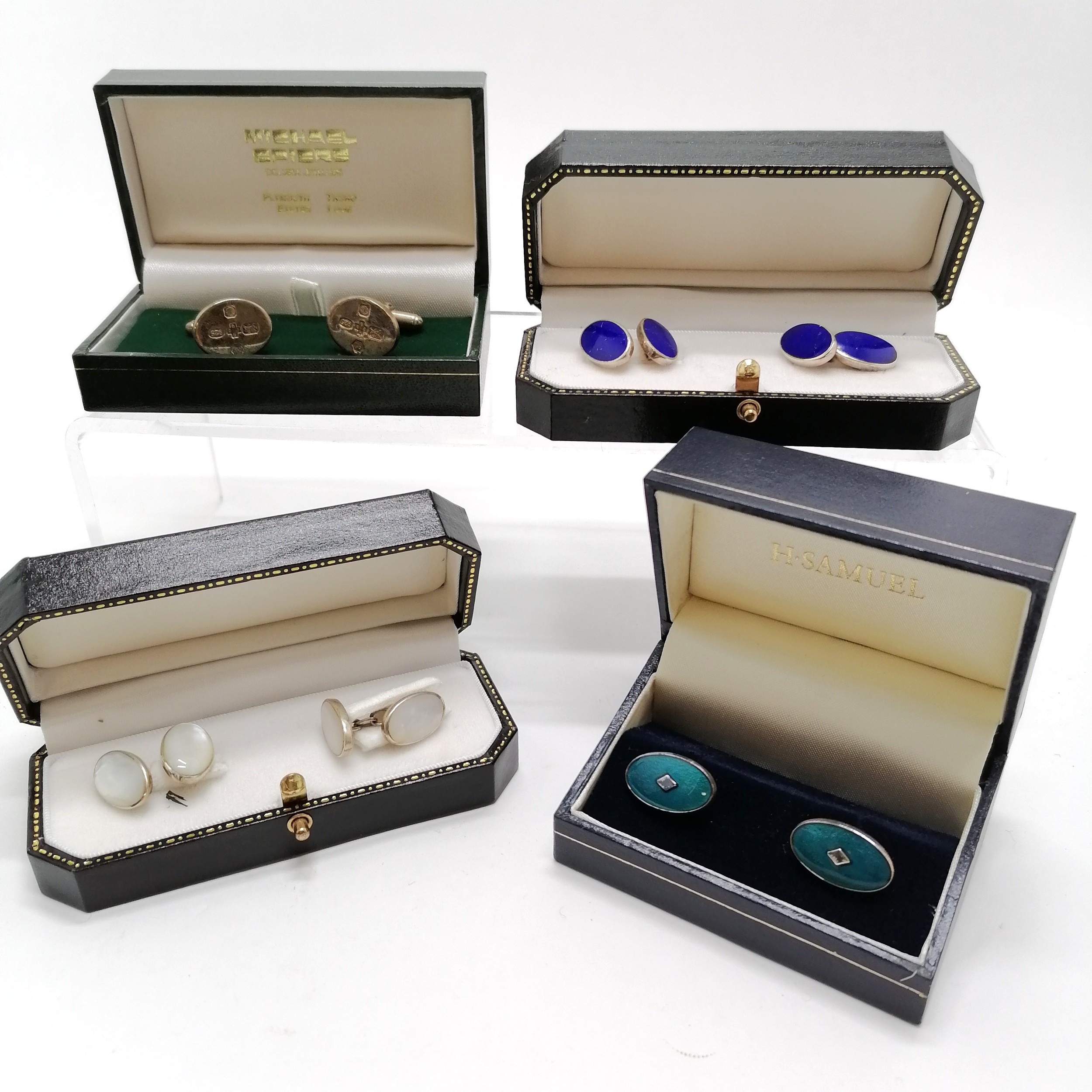 4 pairs of silver boxed cufflinks ~ Year 2000 (15g), lapis, mother of pearl, enamel