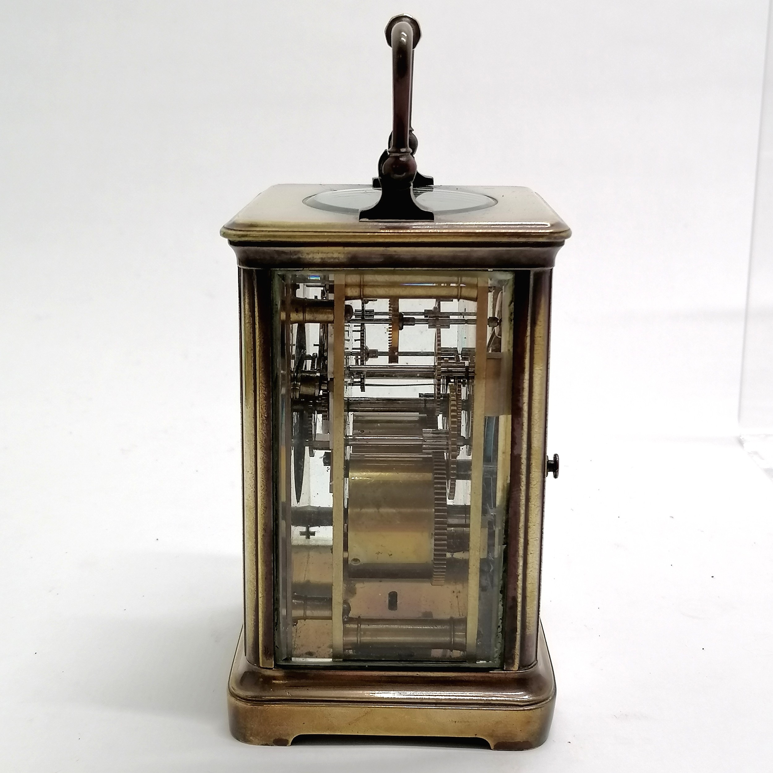 Antique brass carriage clock marked Brennan Cork to porcelain dial - 12cm high x 9cm x 8cm ~ has key - Image 5 of 6