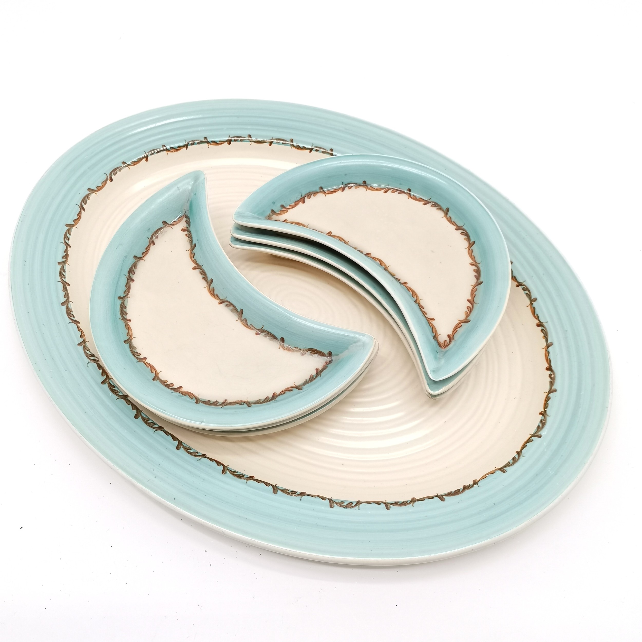 Clarice Cliff unusual serving platter (46cm x 35.5cm) with 6 x crescent shaped hors d'oeuvres dishes