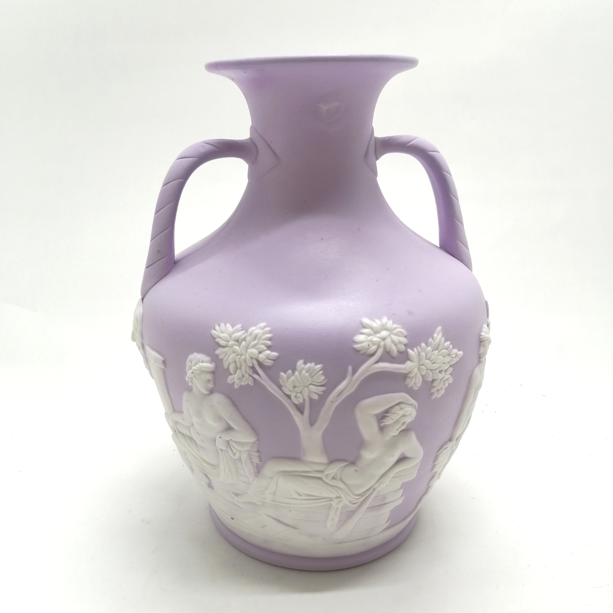 Wedgwood style Portland vase on pink / lilac ground - 25cm high ~ some restoration to top rim - Image 6 of 7