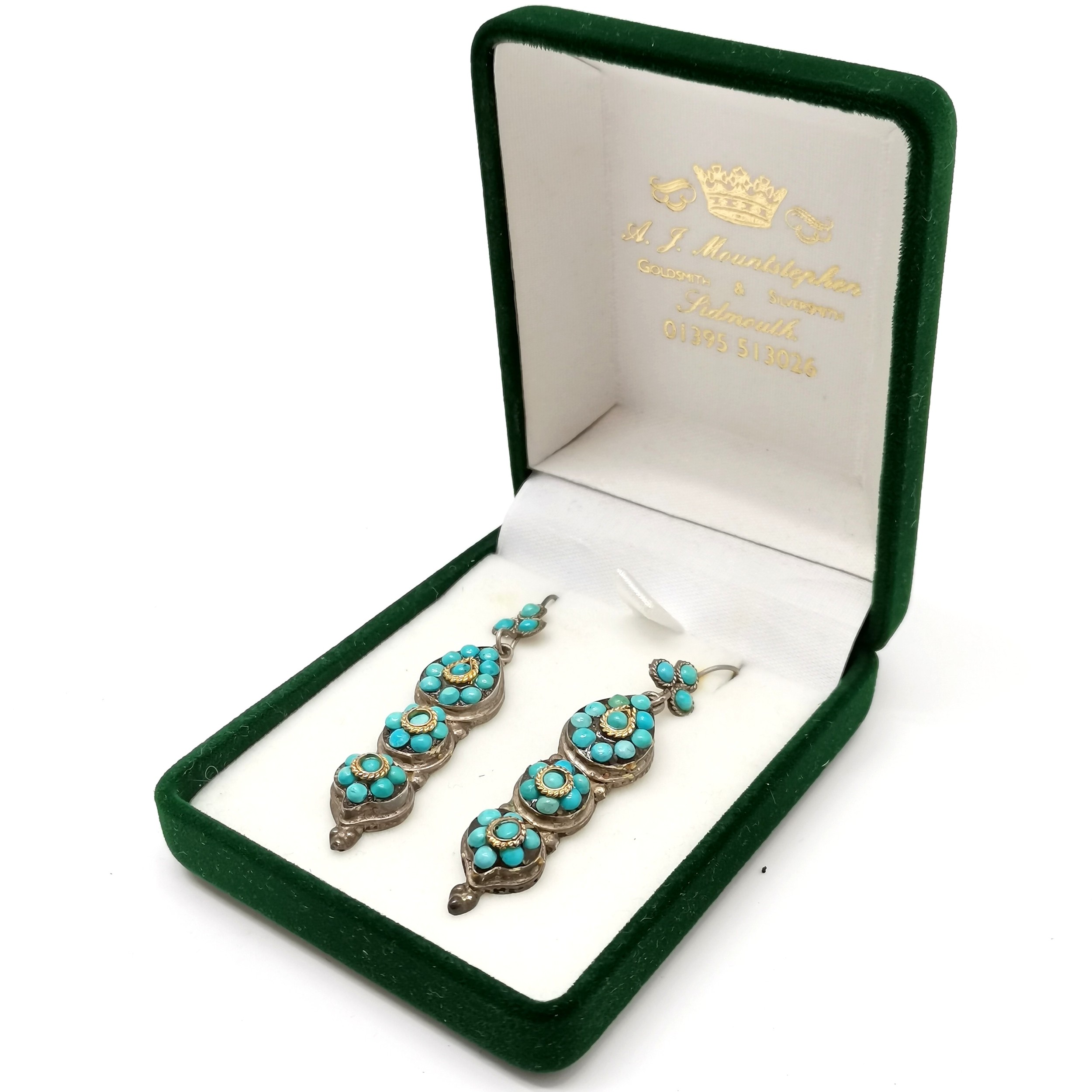 Pair of 925 silver turquoise stone set earrings (5.5cm) t/w Strand of hardstone beads with 14ct - Image 2 of 4