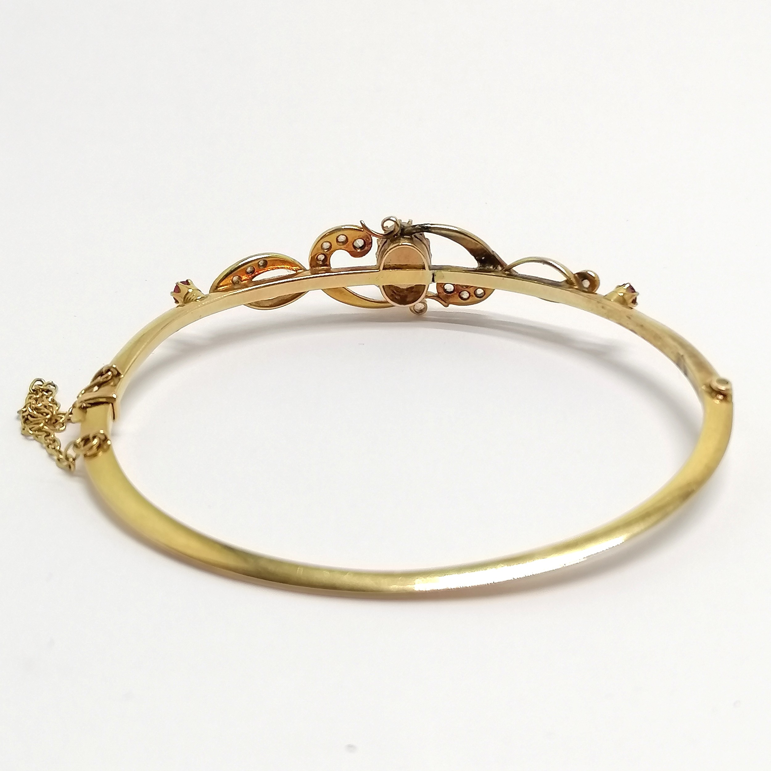 Antique Art Nouveau unmarked (tests as 14ct) gold opal / diamond / ruby set bangle - 6cm across & - Image 5 of 7