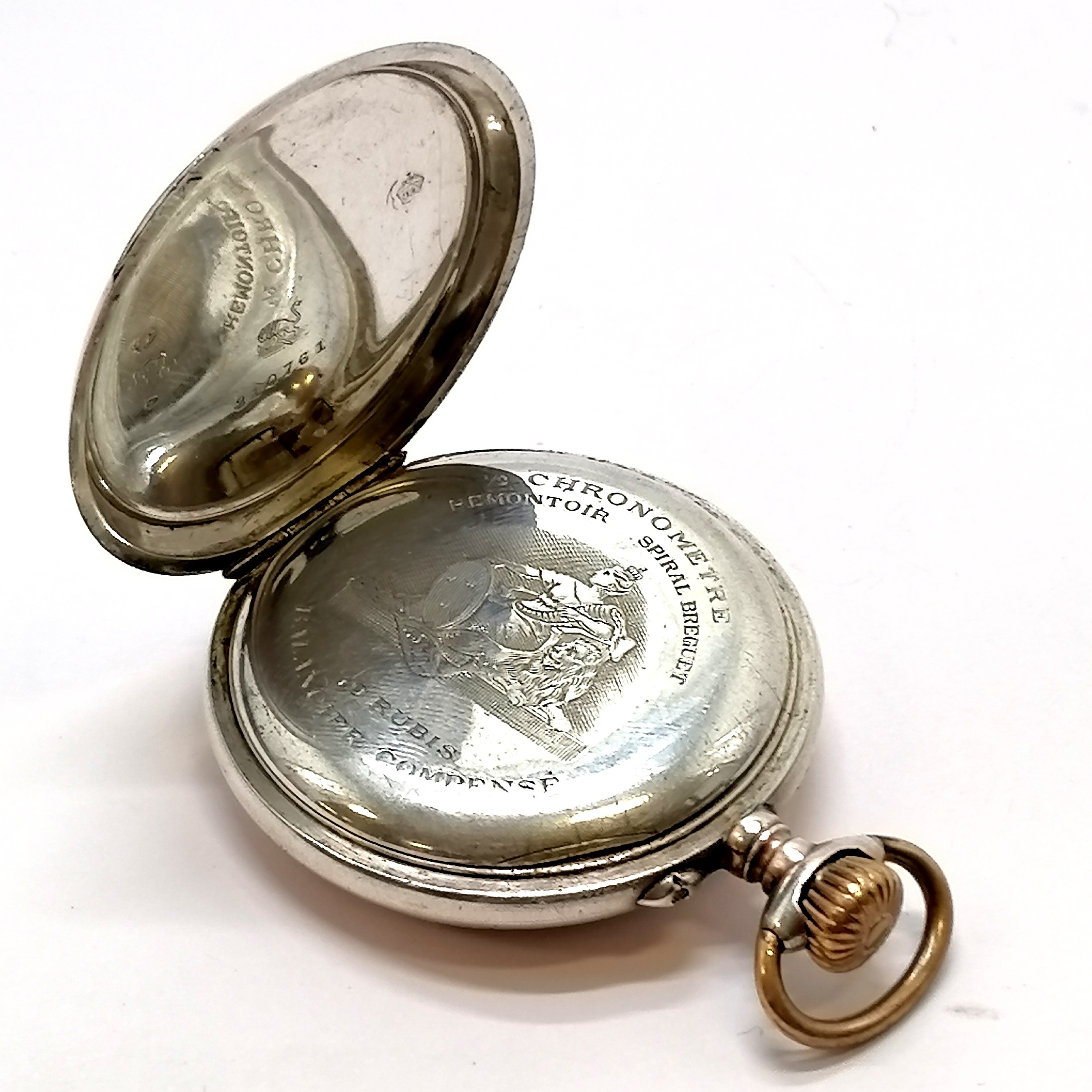 800 silver marked pocket watch with armorial crest to reverse and unmarked gold detail to bezel - Image 4 of 4