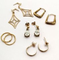 5 x pairs of 9ct gold earrings inc white stone pear shaped drop & small tri gold hoops - 3.3g