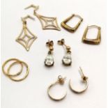 5 x pairs of 9ct gold earrings inc white stone pear shaped drop & small tri gold hoops - 3.3g