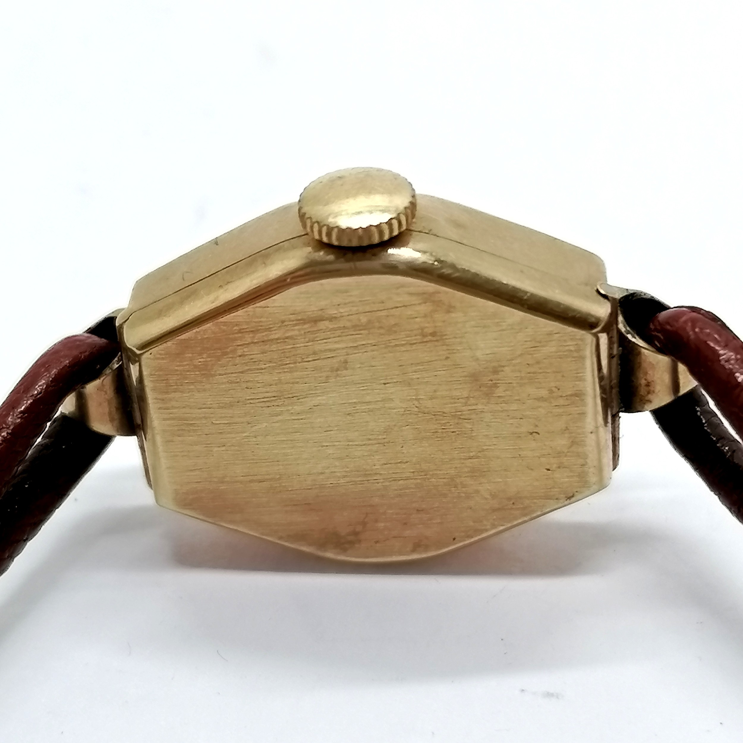 9ct gold cased Lanco ladies wristwatch on a leather lace strap - 10g total weight ~ for spares / - Image 2 of 2