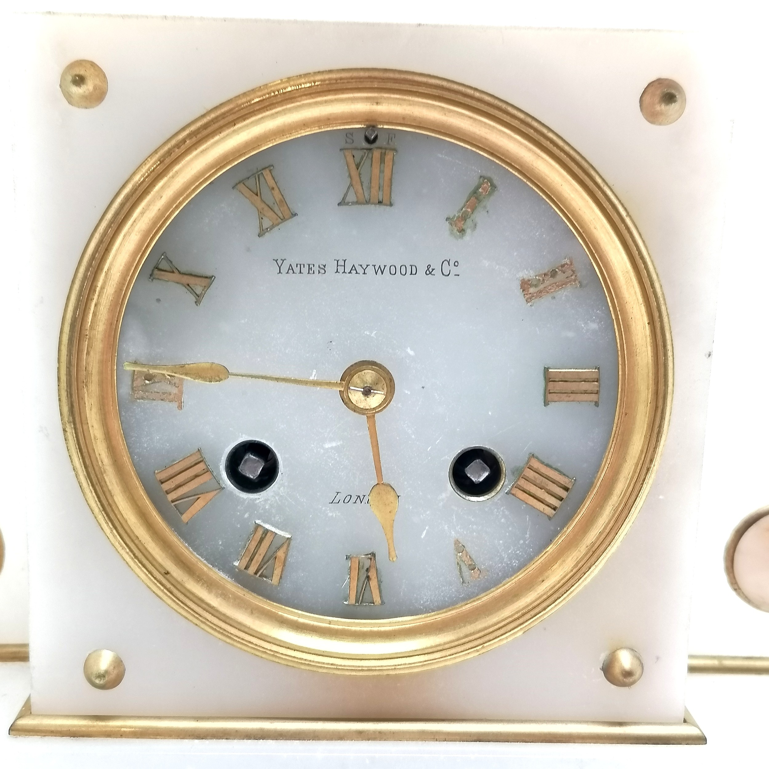 Antique Yates Haywood & Co (London) alabaster & gilt metal mounted bell strike clock under glass - Image 4 of 6