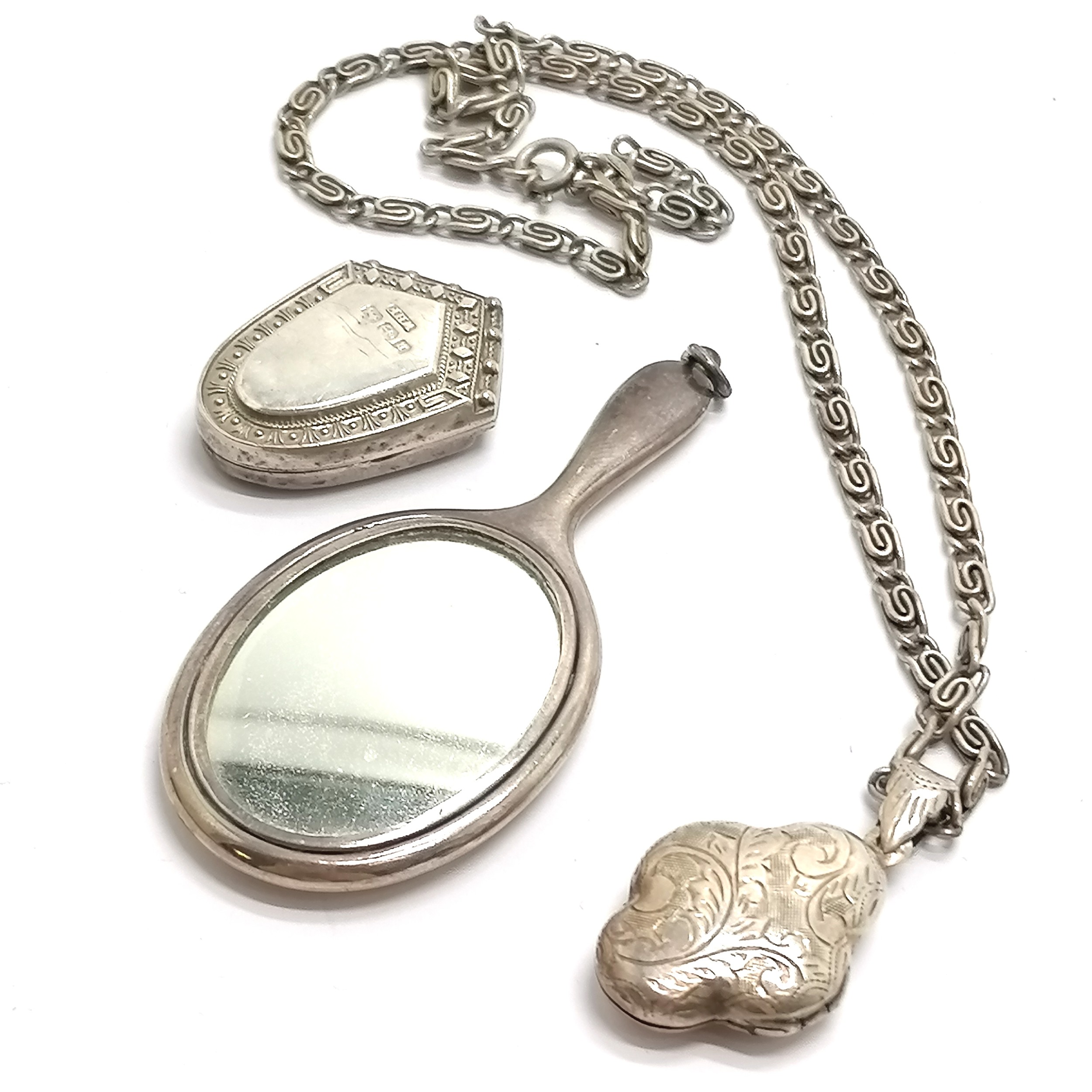Antique miniature silver hallmarked mirror pendant t/w 2 silver lockets (1 on silver chain) - the