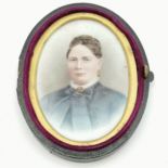 Antique portrait miniature of a lady with plaited hair in original leather case (hinge detached