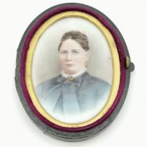 Antique portrait miniature of a lady with plaited hair in original leather case (hinge detached